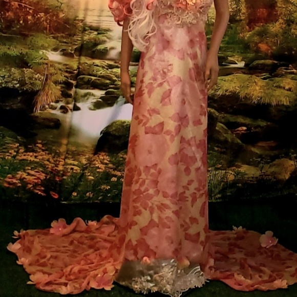 Sample Gown Only-ADRIENNE Pink Ivory Silk Chiffon Lace Wedding Gown - Picture 8 of 15